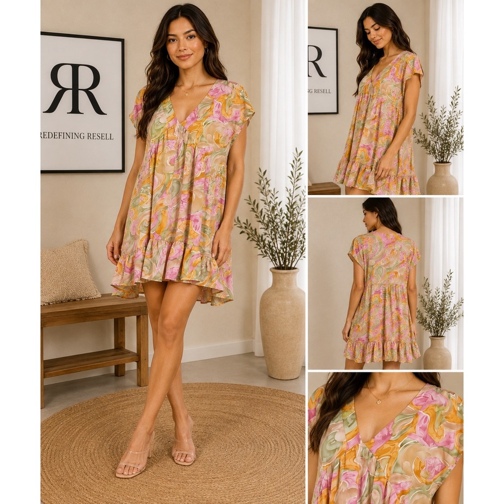 Entro‎ Floral V-Neck Short Sleeve Babydoll Mini High Low  Dress Size Large